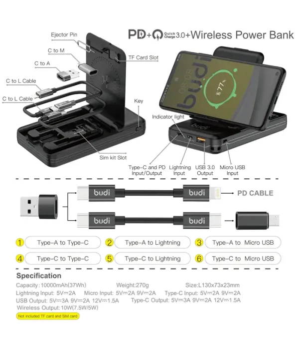 Мултифункционална външна батерия 10000mAh 22.5W PD+QC с безжично зареждане