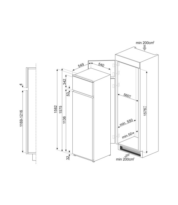 Хладилник Smeg D4152F, с фризер разположен Отгоре, 259 л, Клас E, Височина 158.2 см